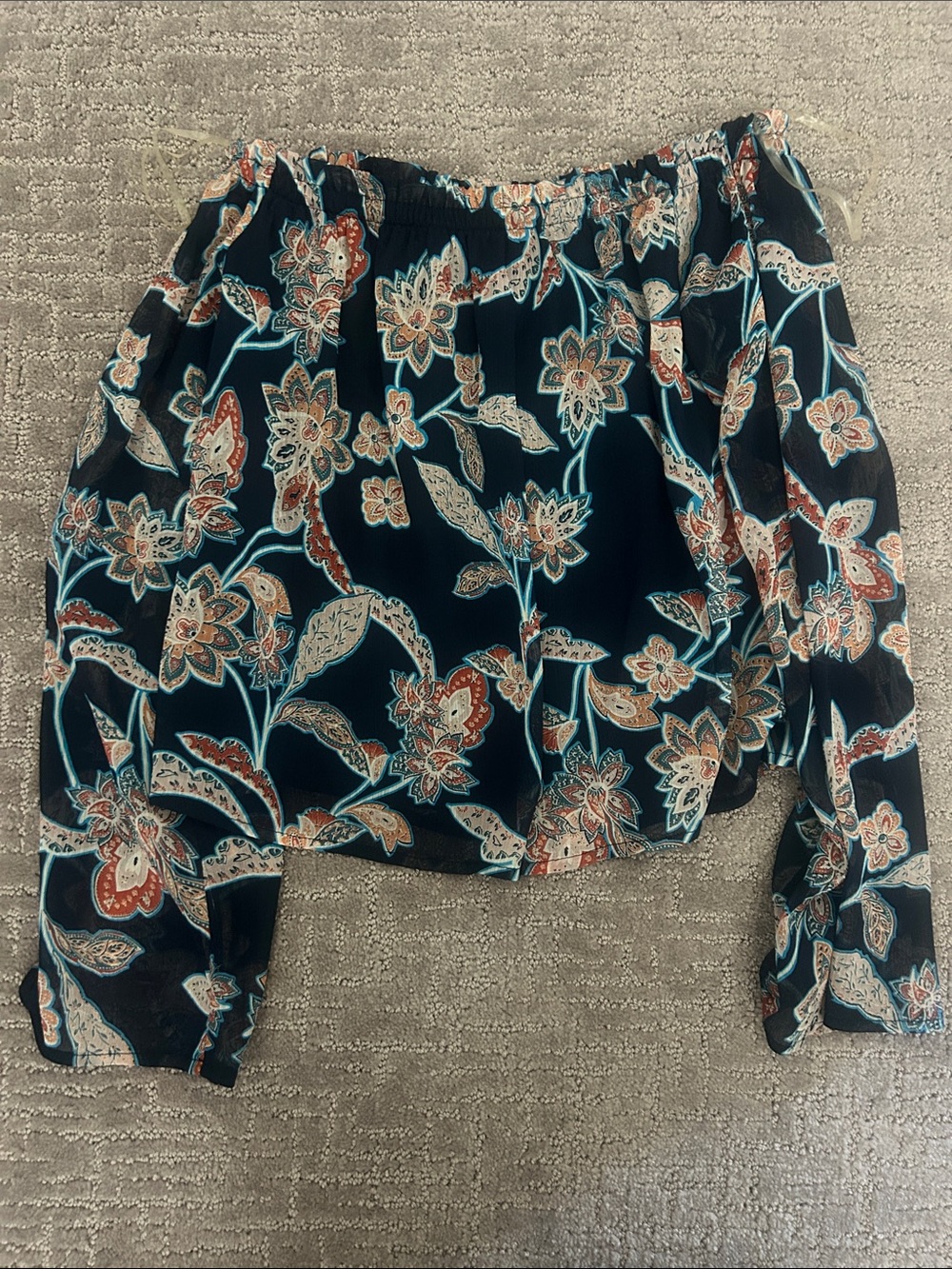 Floral Off-Shoulder Long-Sleeve Top in Navy/Teal